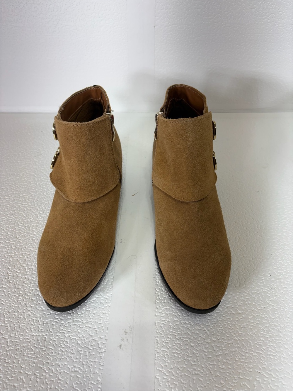 Women’s Tan Suede Ankle Booties with Side Buckles s301